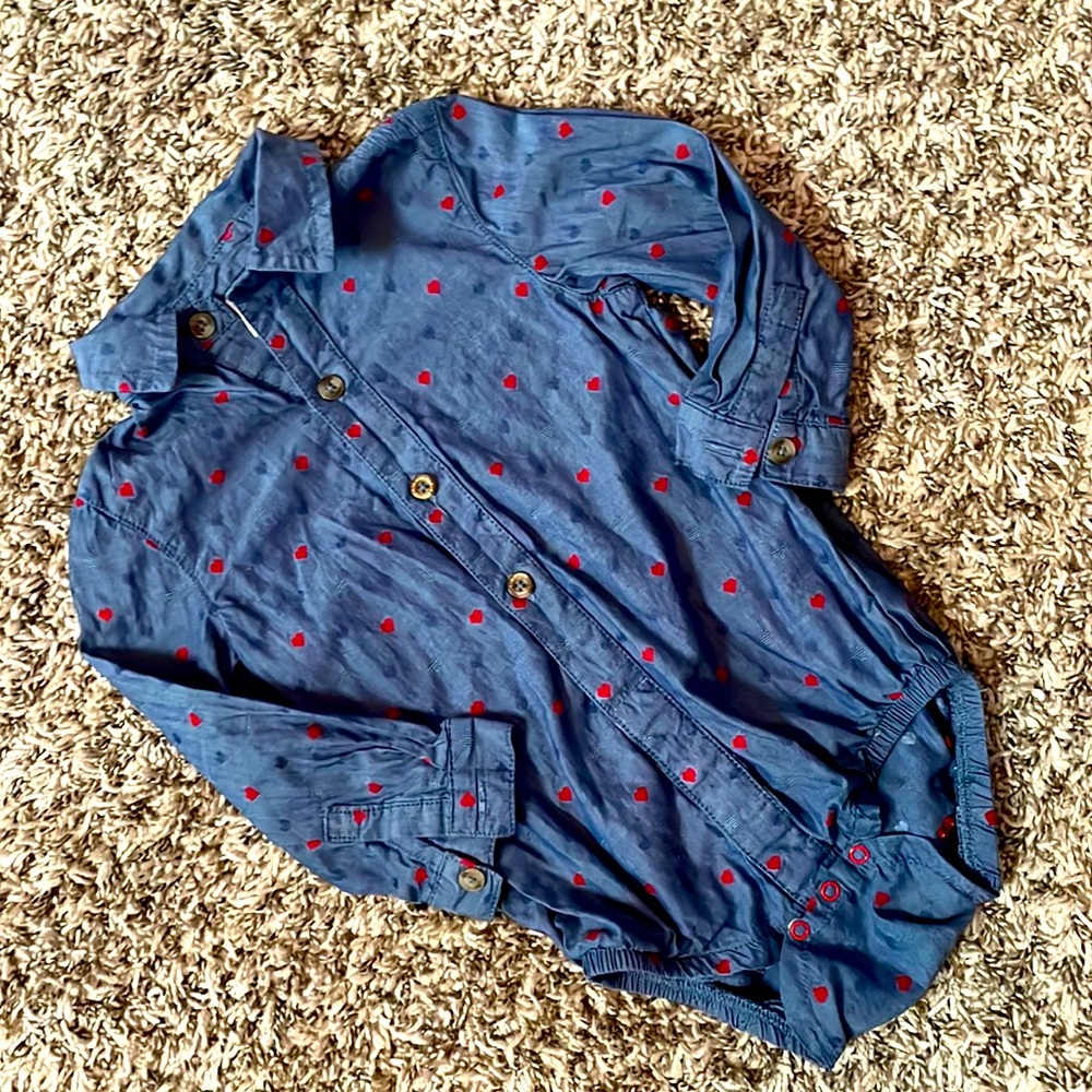 Cat & Jack Chambray onesie collared button down with hearts red 18 months